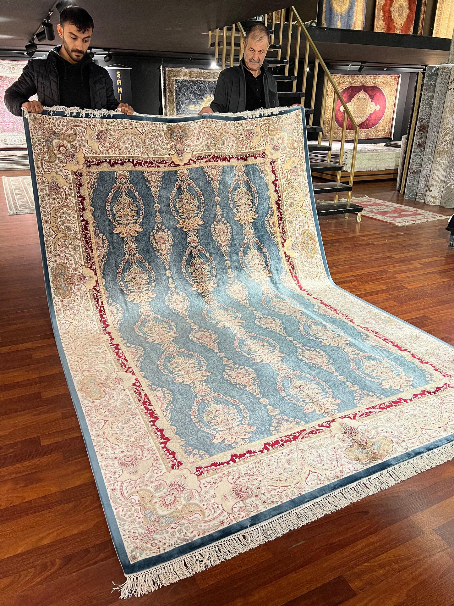 7x10 ft Blue Gold Silk Rug, Luxury Large Area Rug, Elegant Classic Pattern Rug, Living Room Decorative Carpet