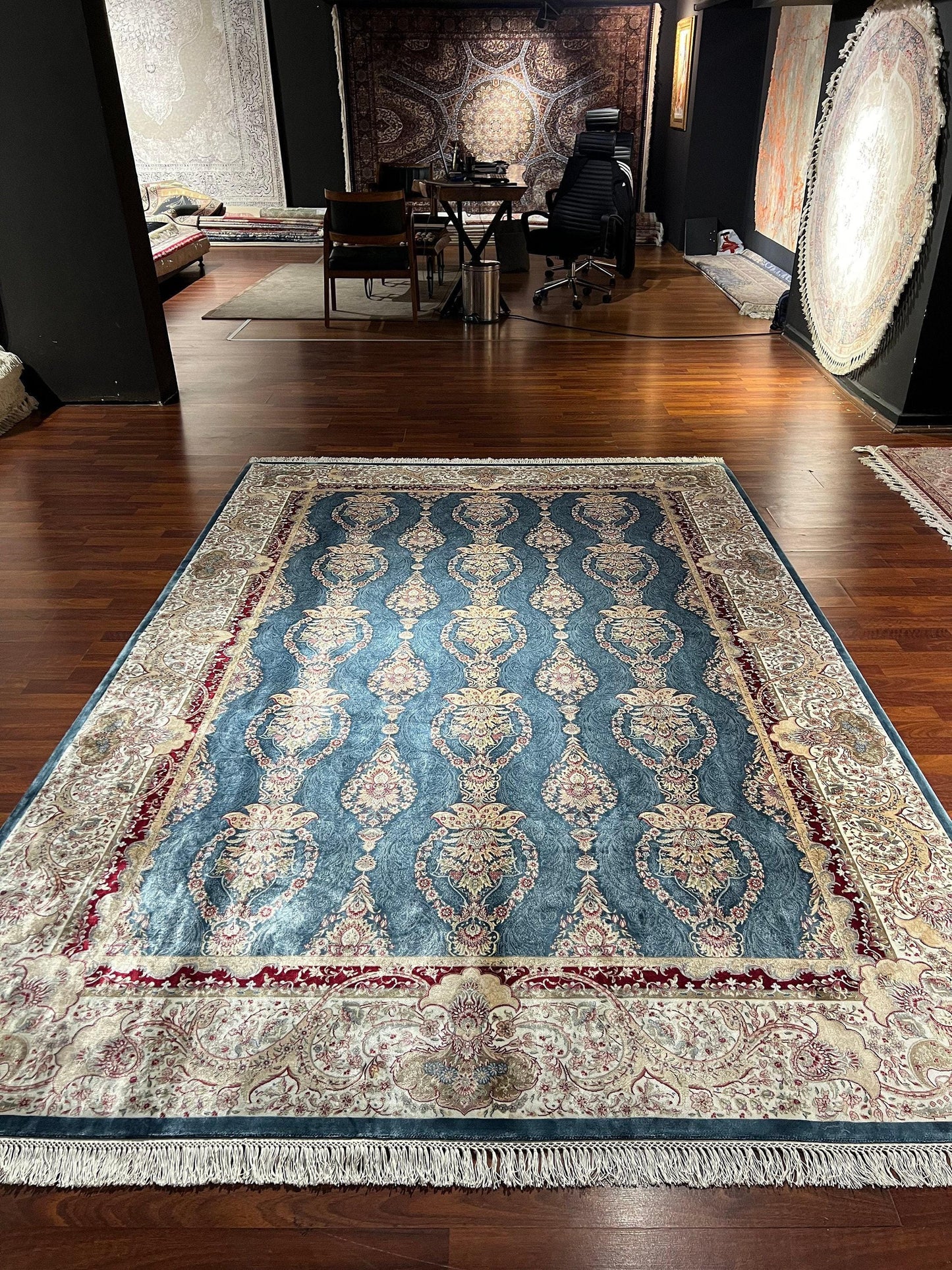 7x10 ft Blue Gold Silk Rug, Luxury Large Area Rug, Elegant Classic Pattern Rug, Living Room Decorative Carpet
