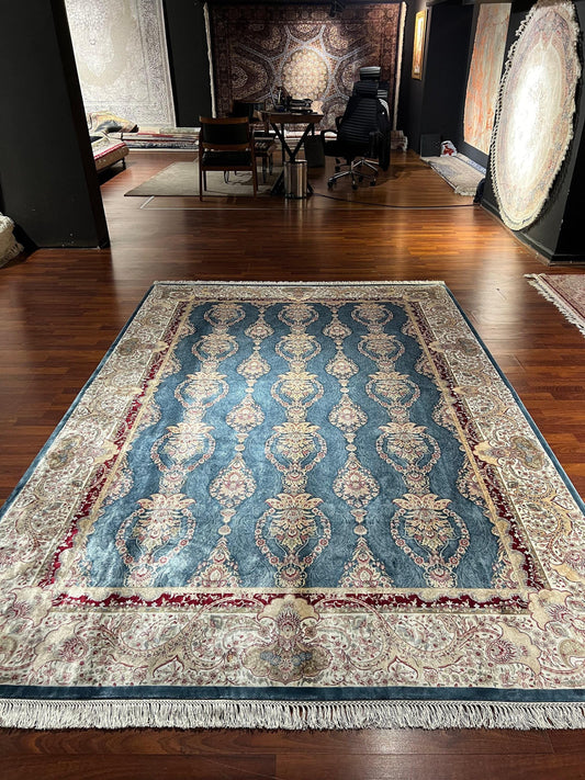 7x10 ft Blue Gold Silk Rug, Luxury Large Area Rug, Elegant Classic Pattern Rug, Living Room Decorative Carpet