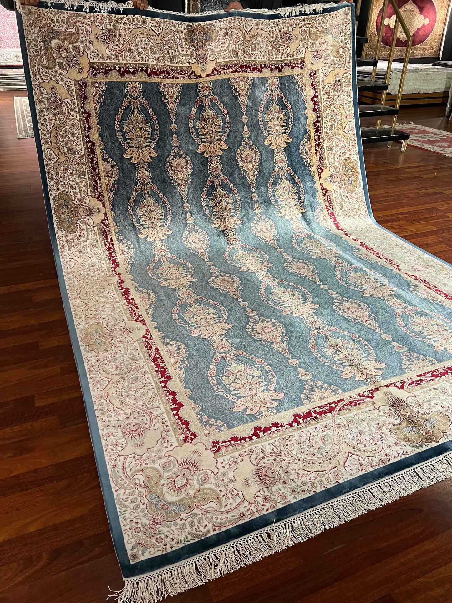 7x10 ft Blue Gold Silk Rug, Luxury Large Area Rug, Elegant Classic Pattern Rug, Living Room Decorative Carpet
