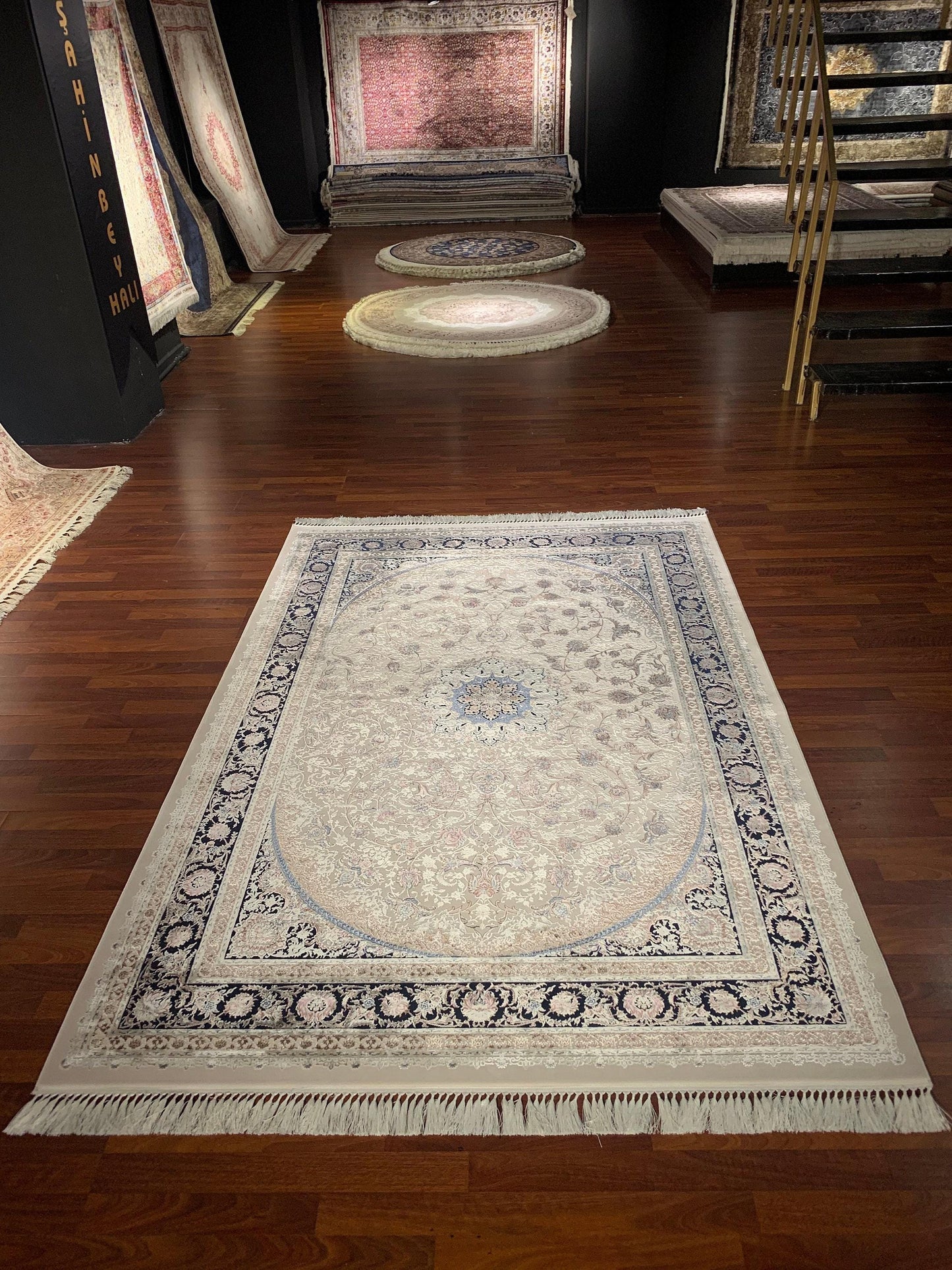 7x10 ft Cream Navy Blue Silk Rug, Large Area Rug, Elegant Medallion Living Room Rug, Classic Decorative Carpet