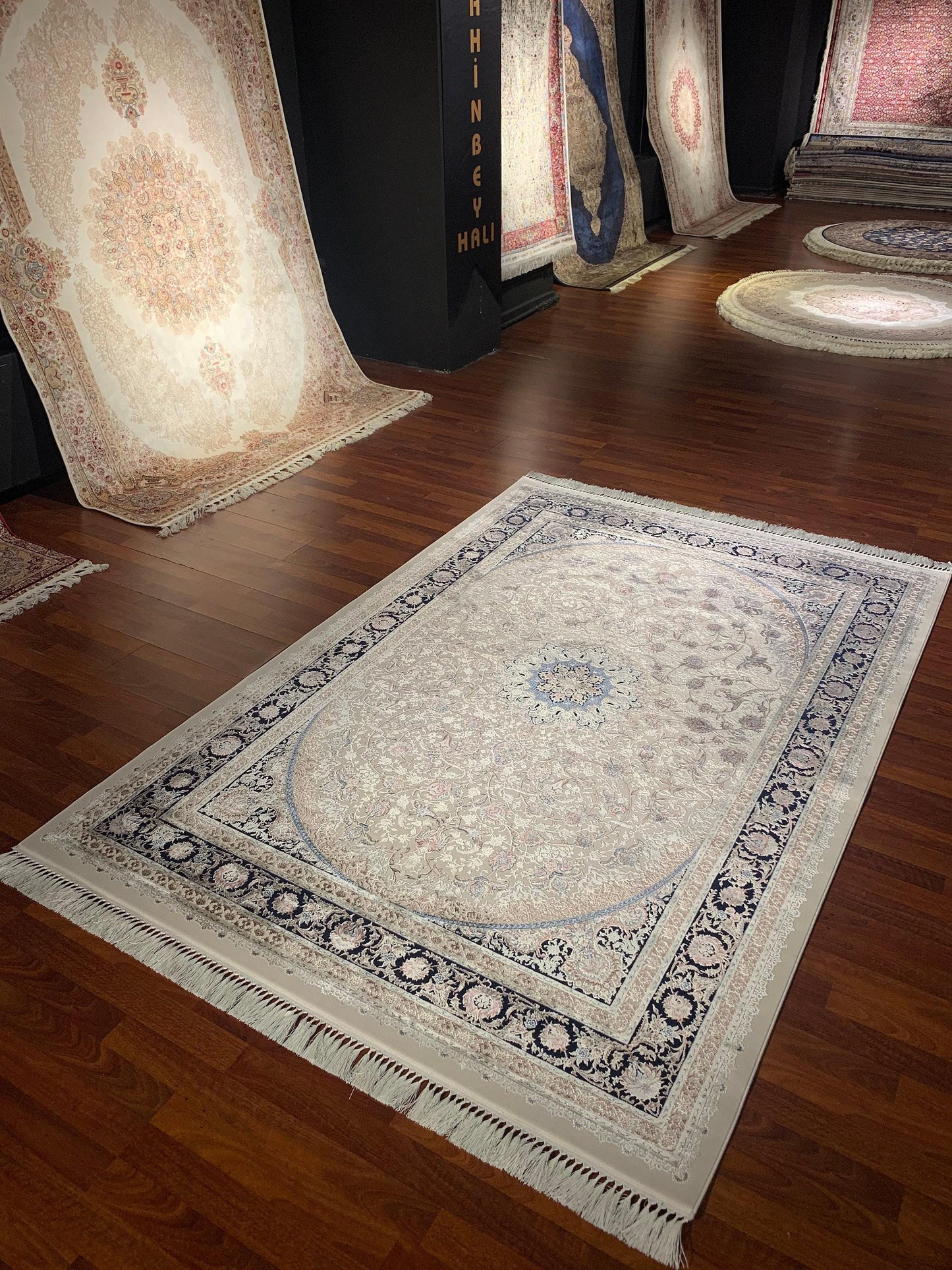 7x10 ft Cream Navy Blue Silk Rug, Large Area Rug, Elegant Medallion Living Room Rug, Classic Decorative Carpet