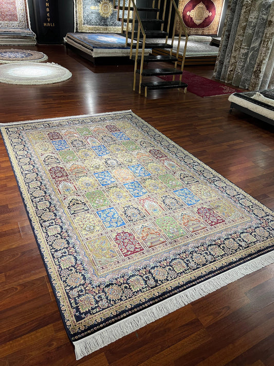 7x10 ft Multicolor Silk Rug, Luxury Large Area Rug, Patchwork Pattern Rug, Living Room Decorative Carpet
