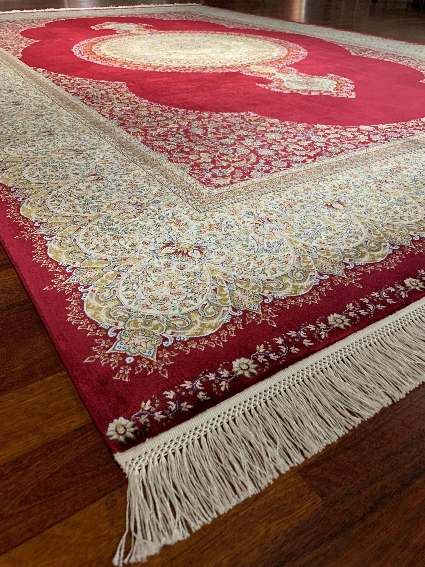 7x10 ft Red Silk Rug, Luxury Large Area Rug, Elegant Medallion Living Room Rug, Classic Decorative Carpet