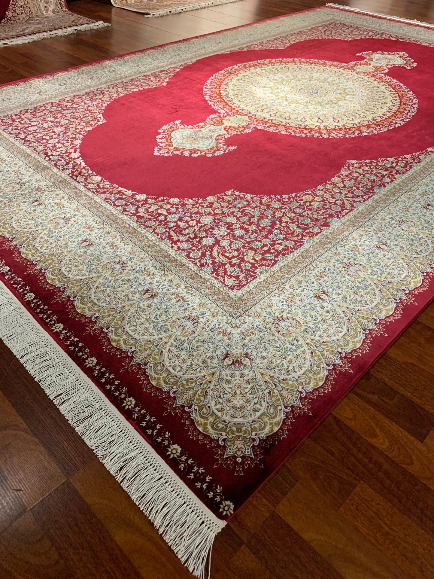 7x10 ft Red Silk Rug, Luxury Large Area Rug, Elegant Medallion Living Room Rug, Classic Decorative Carpet