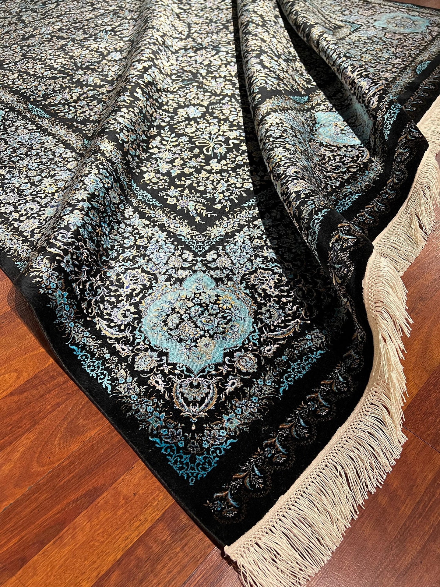 7x10 ft Black Silk Rug, Turquoise Accent Luxury Rug, Large Area Rug, Elegant Classic Living Room Carpet
