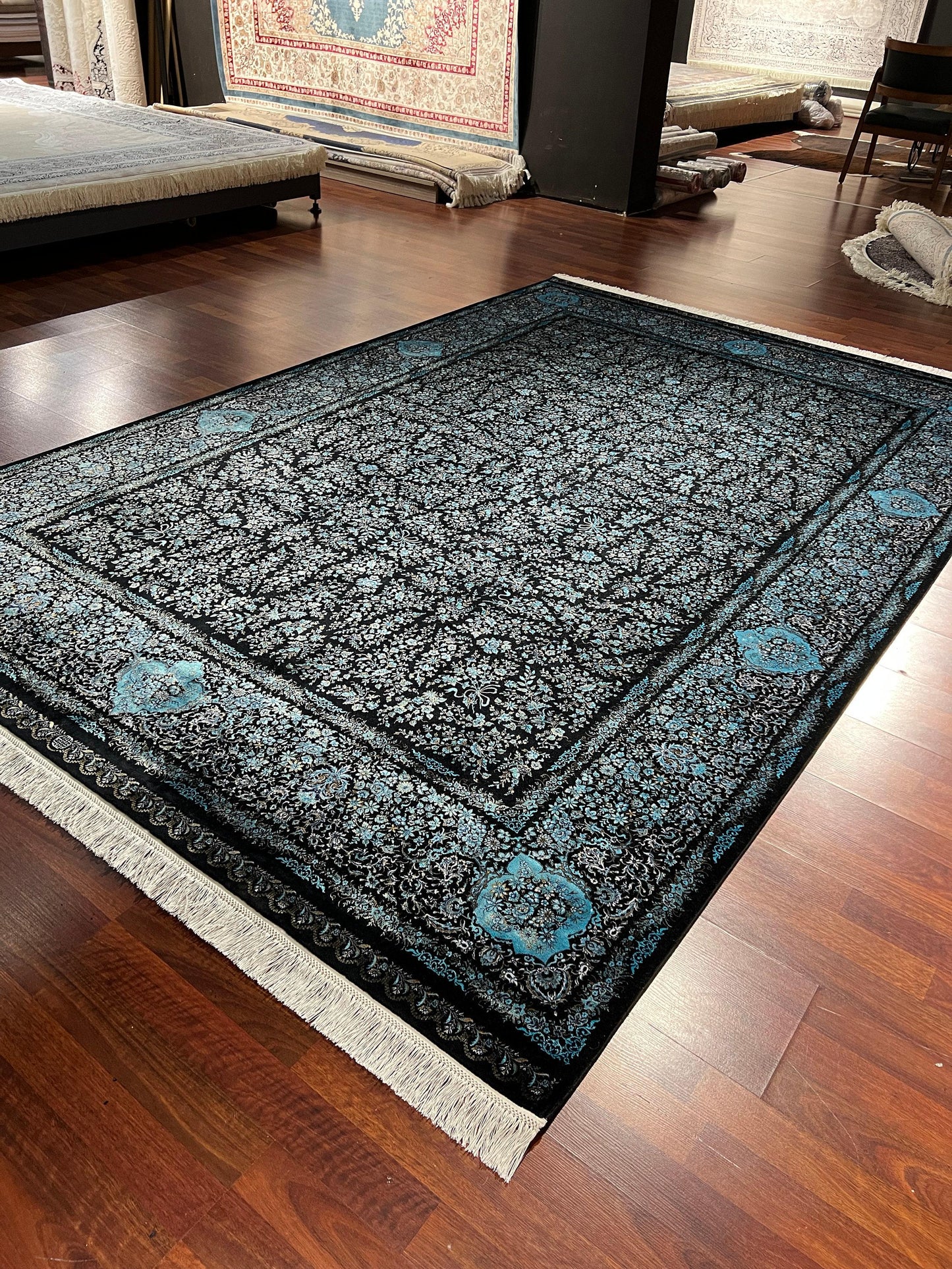 7x10 ft Black Silk Rug, Turquoise Accent Luxury Rug, Large Area Rug, Elegant Classic Living Room Carpet