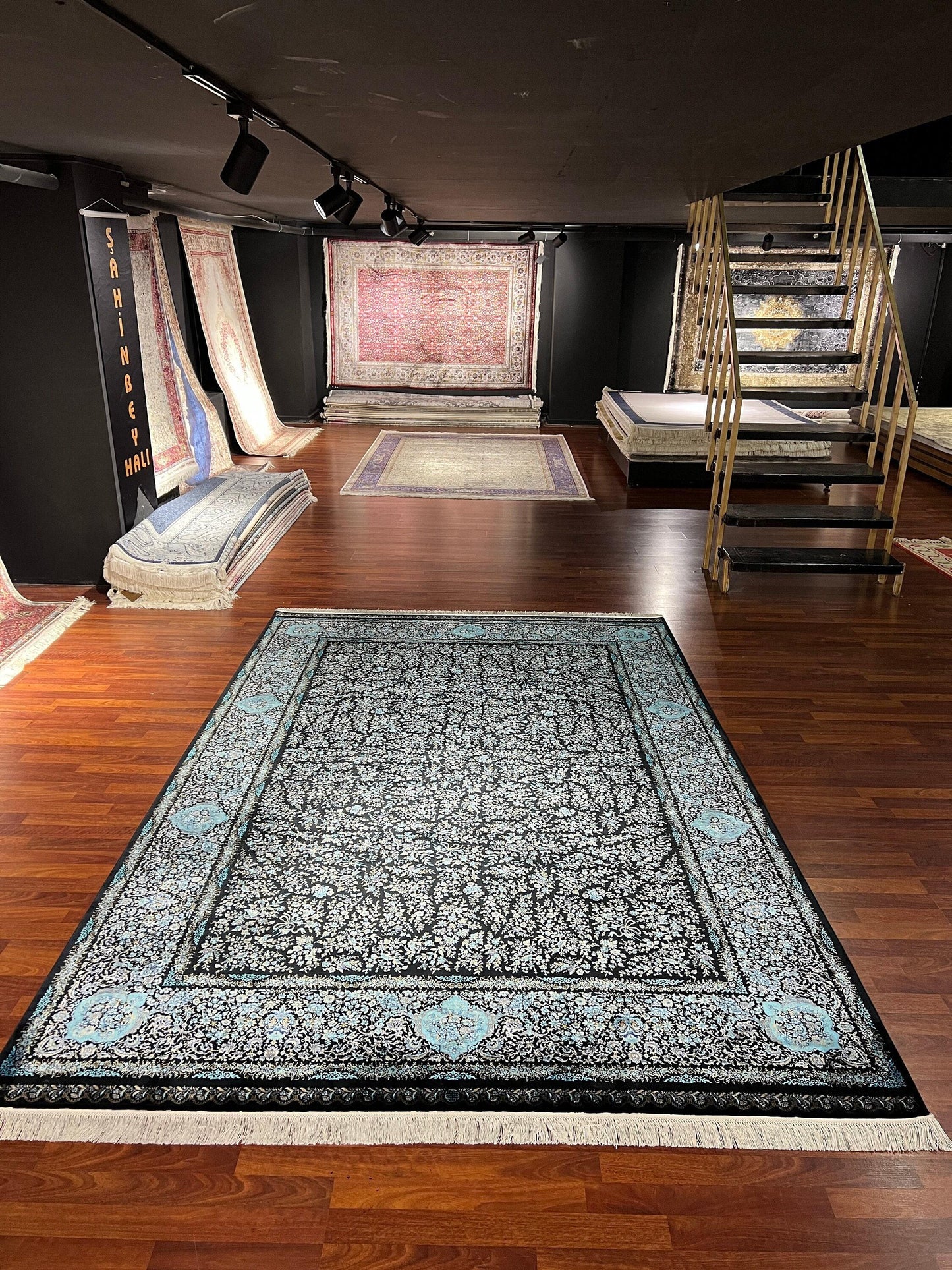 7x10 ft Black Silk Rug, Turquoise Accent Luxury Rug, Large Area Rug, Elegant Classic Living Room Carpet