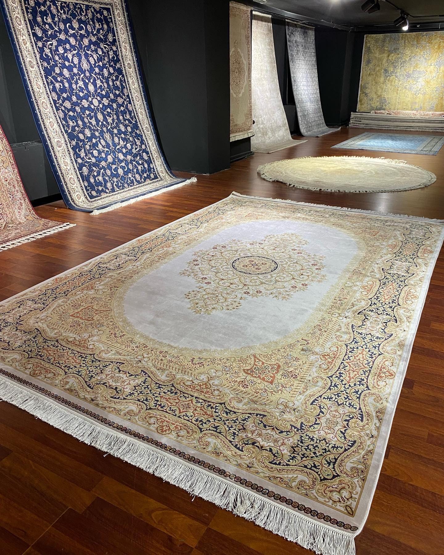7x10 ft Gold Beige Silk Rug, Luxury Large Area Rug, Elegant Medallion Living Room Rug, Classic Decorative Carpet