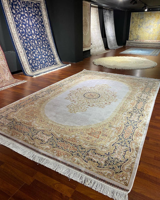 7x10 ft Gold Beige Silk Rug, Luxury Large Area Rug, Elegant Medallion Living Room Rug, Classic Decorative Carpet
