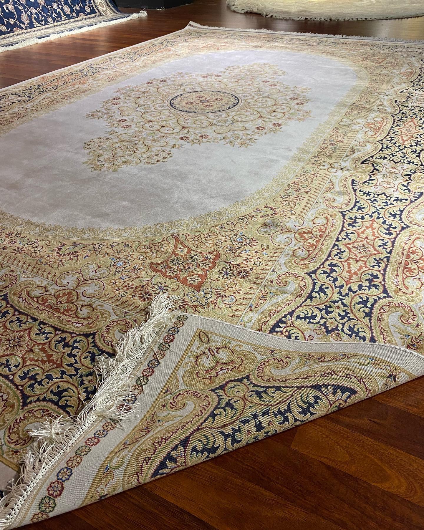 7x10 ft Gold Beige Silk Rug, Luxury Large Area Rug, Elegant Medallion Living Room Rug, Classic Decorative Carpet