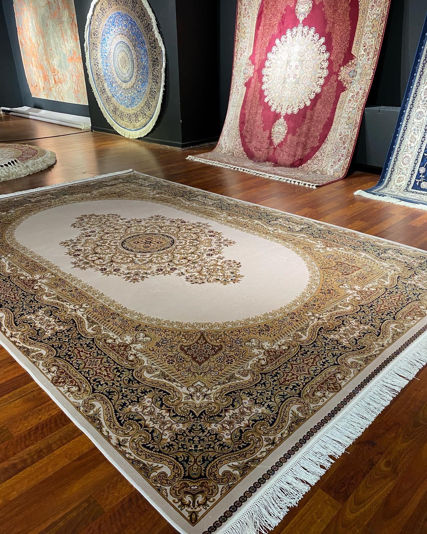7x10 ft Gold Beige Silk Rug, Luxury Large Area Rug, Elegant Medallion Living Room Rug, Classic Decorative Carpet