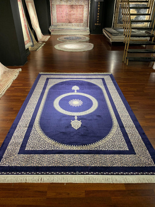 7x10 ft Blue Silk Rug, Luxury Large Area Rug, Elegant Medallion Living Room Rug, Classic Decorative Carpet