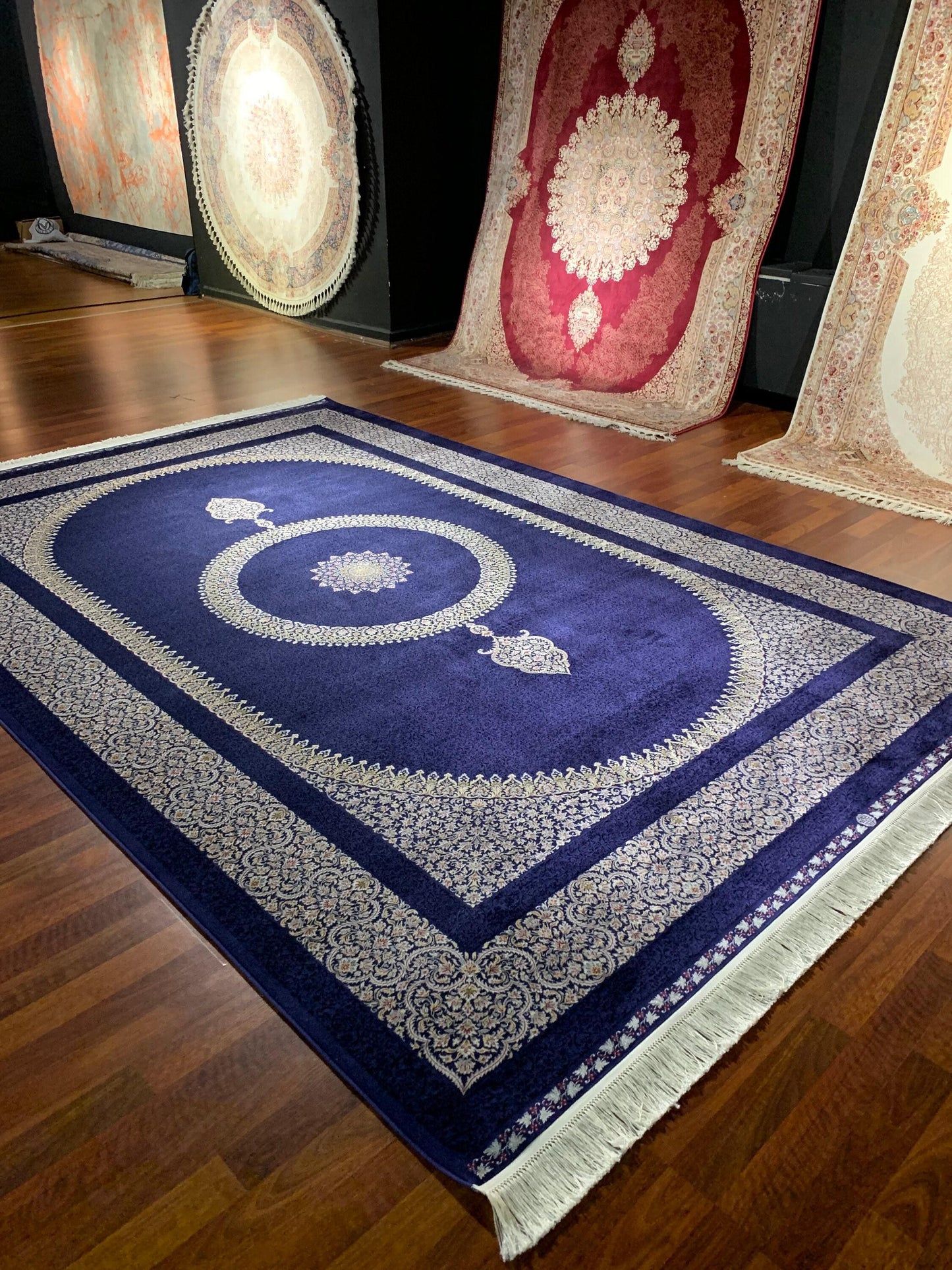 7x10 ft Blue Silk Rug, Luxury Large Area Rug, Elegant Medallion Living Room Rug, Classic Decorative Carpet