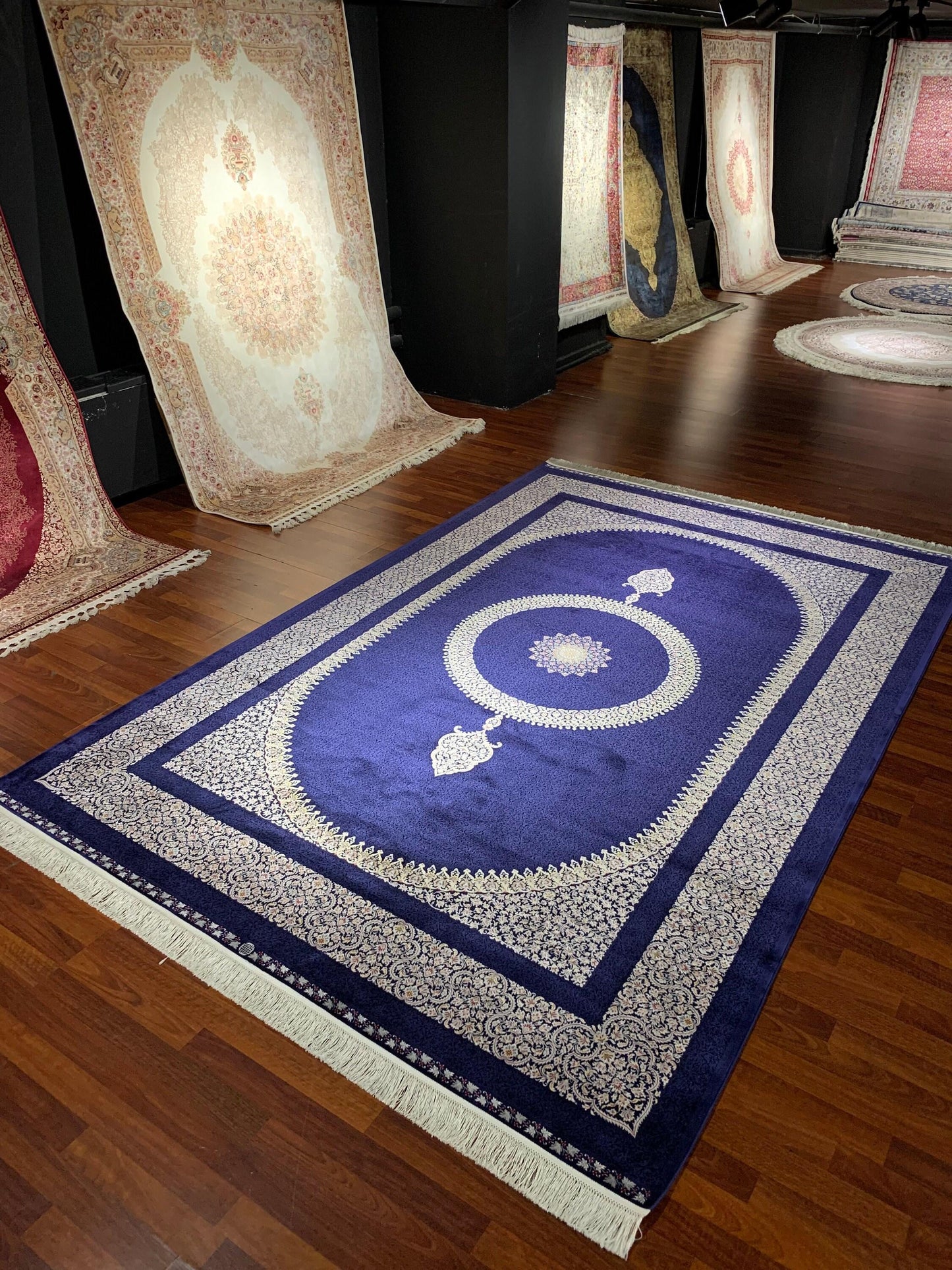 7x10 ft Blue Silk Rug, Luxury Large Area Rug, Elegant Medallion Living Room Rug, Classic Decorative Carpet