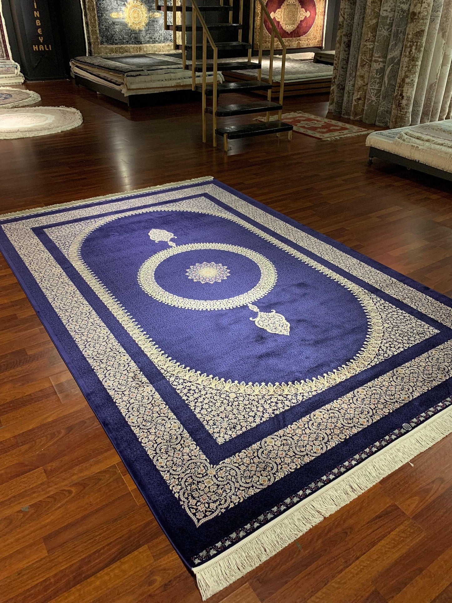 7x10 ft Blue Silk Rug, Luxury Large Area Rug, Elegant Medallion Living Room Rug, Classic Decorative Carpet