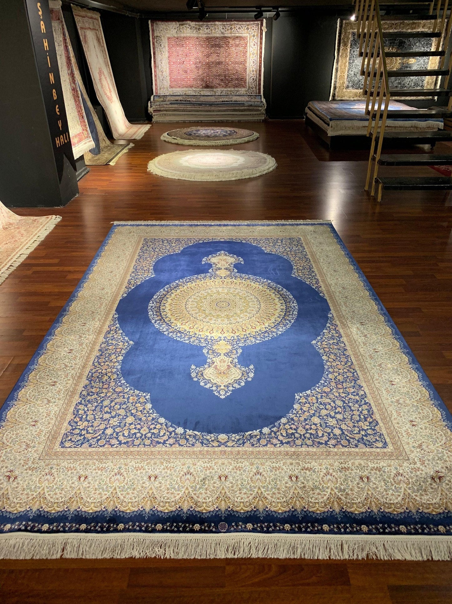 7x10 ft Blue Beige Silk Rug, Luxury Medallion Area Rug, Elegant Living Room Carpet, Classic Ornamental Design Rug