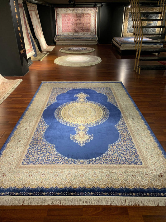 7x10 ft Blue Beige Silk Rug, Luxury Medallion Area Rug, Elegant Living Room Carpet, Classic Ornamental Design Rug