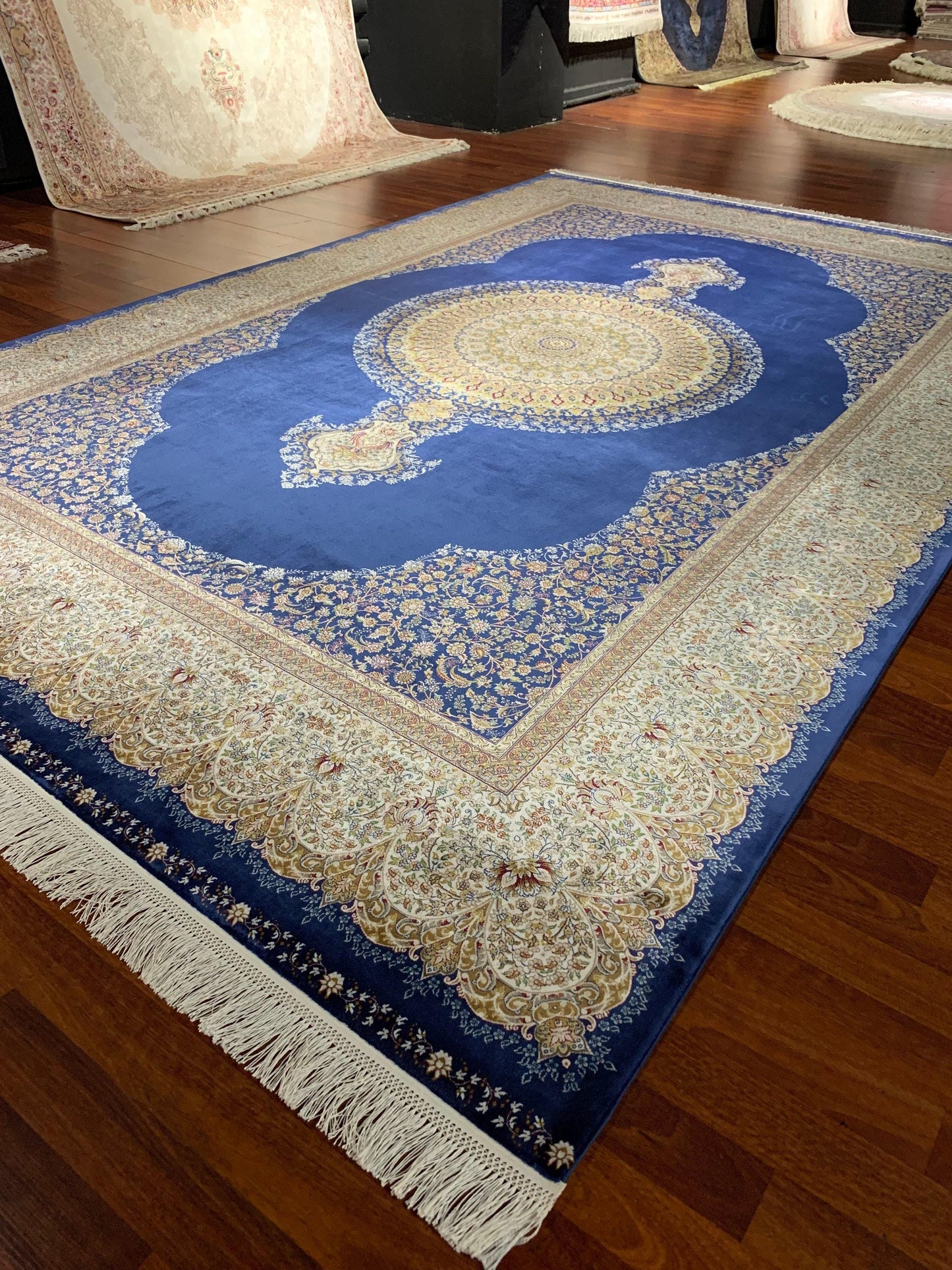 7x10 ft Blue Beige Silk Rug, Luxury Medallion Area Rug, Elegant Living Room Carpet, Classic Ornamental Design Rug