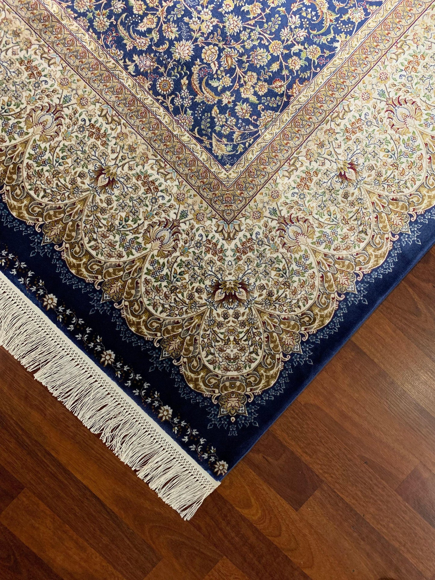 7x10 ft Blue Beige Silk Rug, Luxury Medallion Area Rug, Elegant Living Room Carpet, Classic Ornamental Design Rug