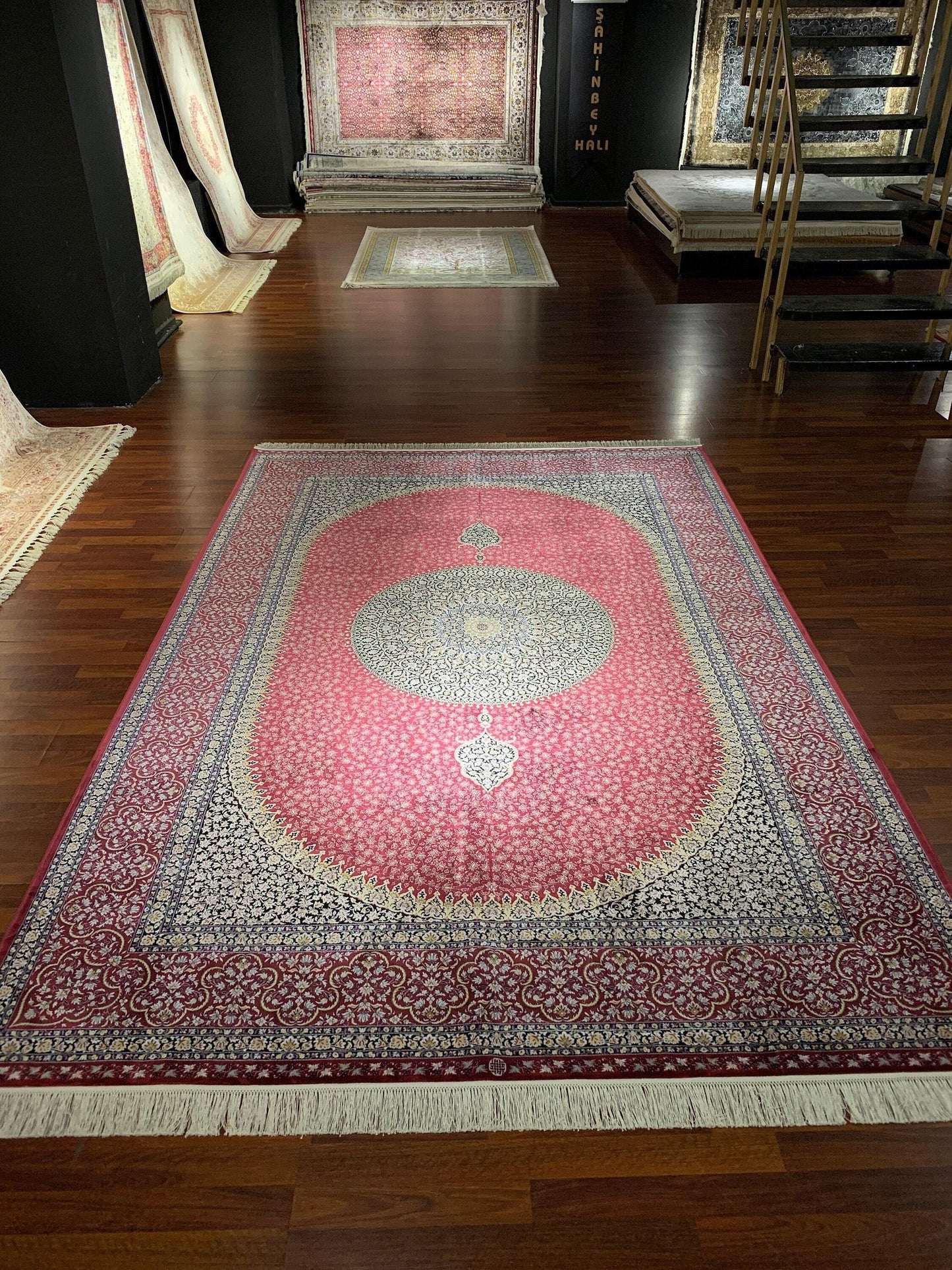 7x10 ft Red Silk Rug, Luxury Medallion Area Rug, Elegant Living Room Carpet, Classic Ornamental Design Rug