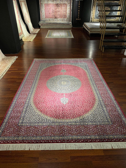 7x10 ft Red Silk Rug, Luxury Medallion Area Rug, Elegant Living Room Carpet, Classic Ornamental Design Rug