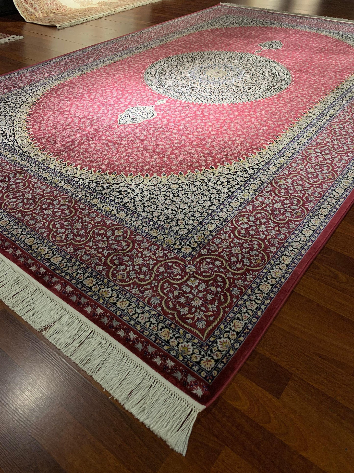 7x10 ft Red Silk Rug, Luxury Medallion Area Rug, Elegant Living Room Carpet, Classic Ornamental Design Rug