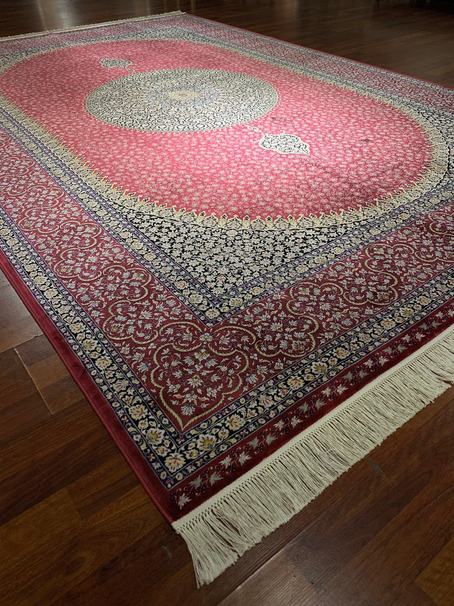 7x10 ft Red Silk Rug, Luxury Medallion Area Rug, Elegant Living Room Carpet, Classic Ornamental Design Rug