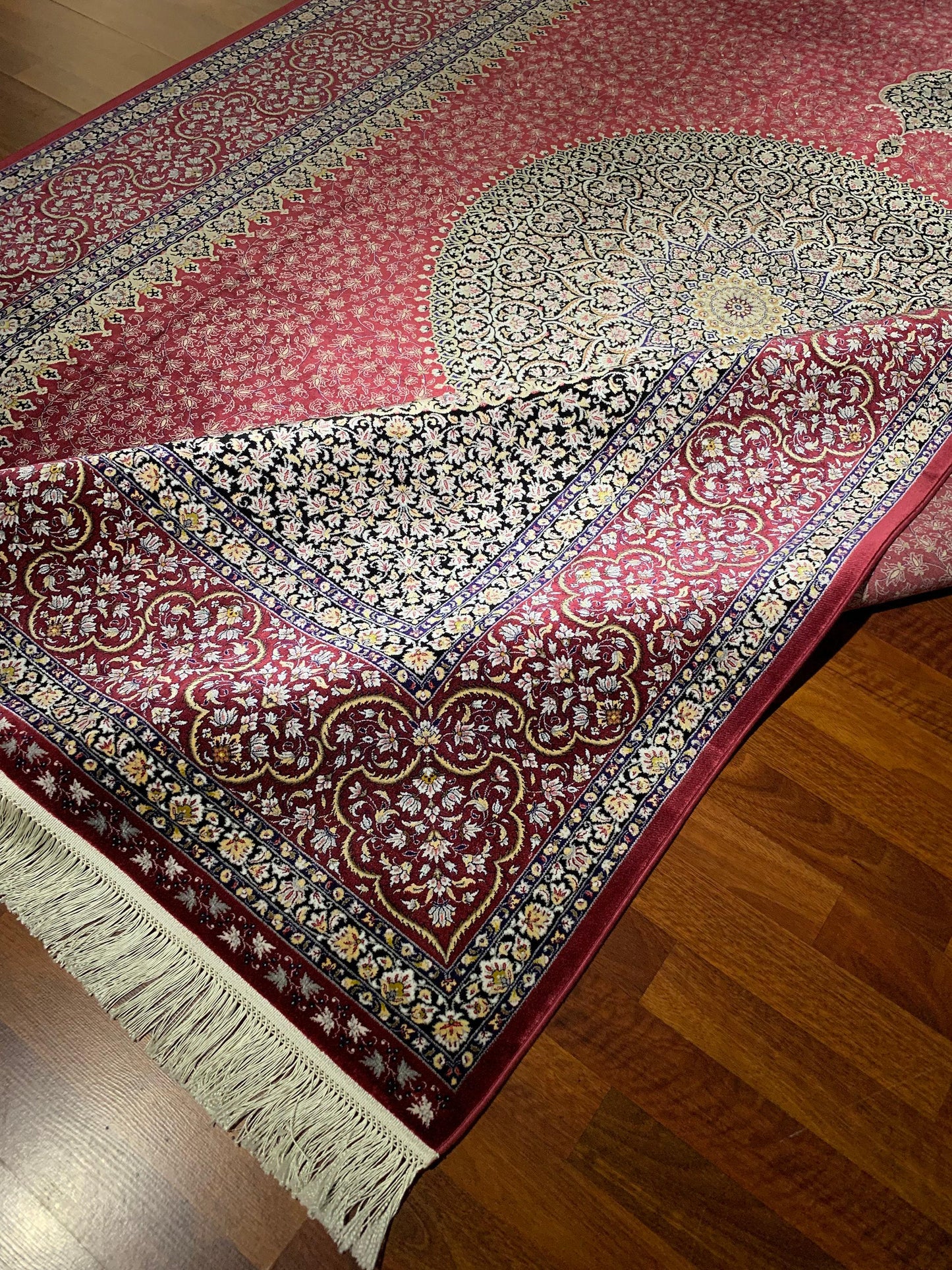 7x10 ft Red Silk Rug, Luxury Medallion Area Rug, Elegant Living Room Carpet, Classic Ornamental Design Rug