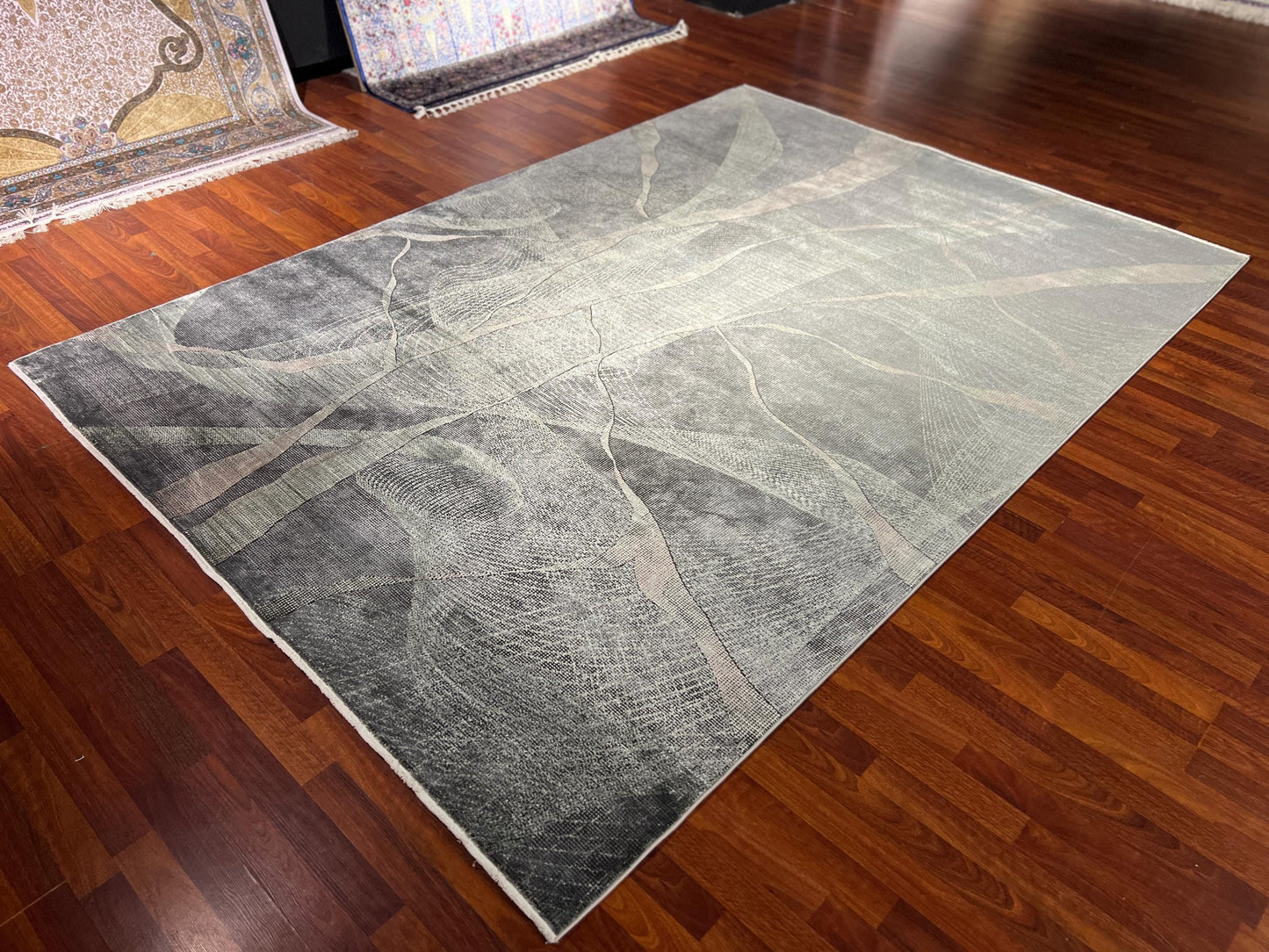 7x10 ft Gray Modern Bamboo Rug , Abstract Living Room Rug, Luxury Area Rug, Large Carpet, Contemporary Rug