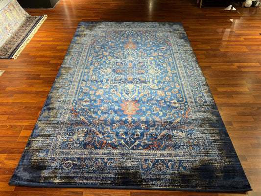 Blue Oriental Silk Rug 7x10, Medallion Pattern Rug, Luxury Living Room Rug, Turkish Silk Carpet, Large Rug