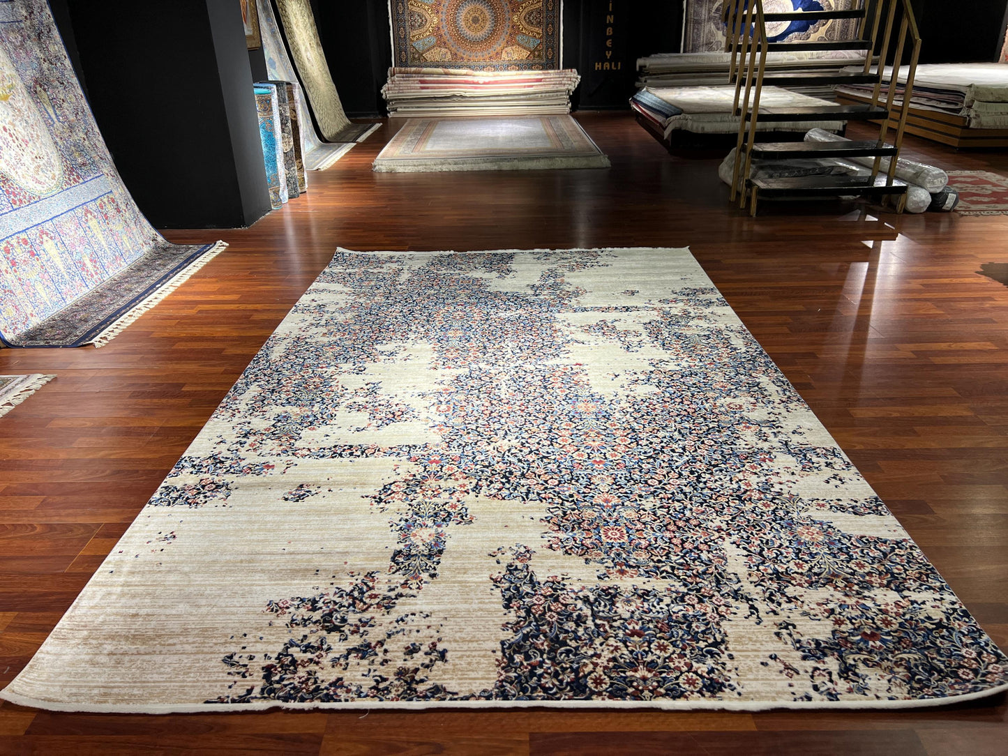 Blue Beige Silk Rug 7x10, Modern Abstract Rug, Luxury Living Room Rug, Turkish Silk Carpet, Large Rug
