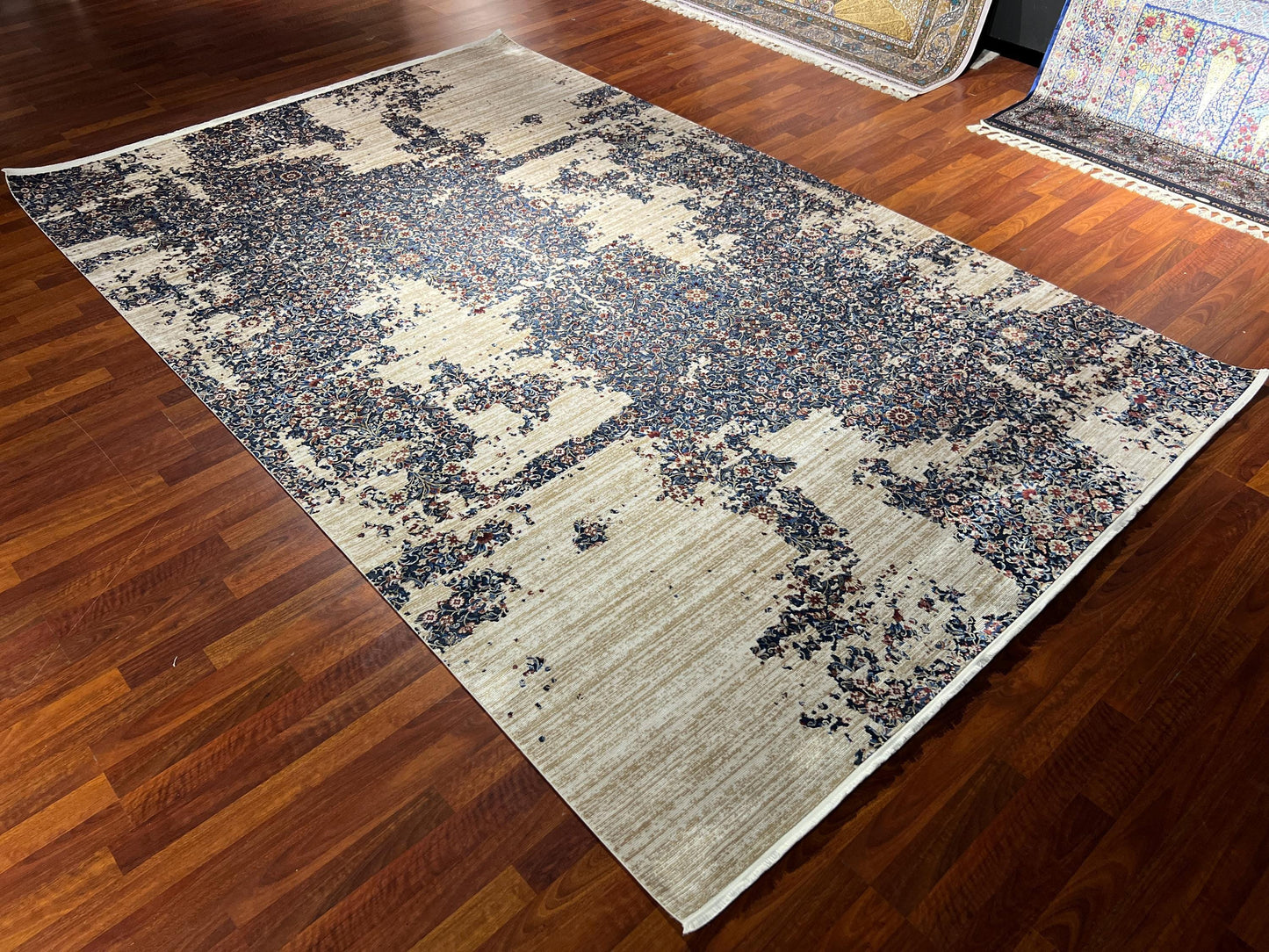 Blue Beige Silk Rug 7x10, Modern Abstract Rug, Luxury Living Room Rug, Turkish Silk Carpet, Large Rug