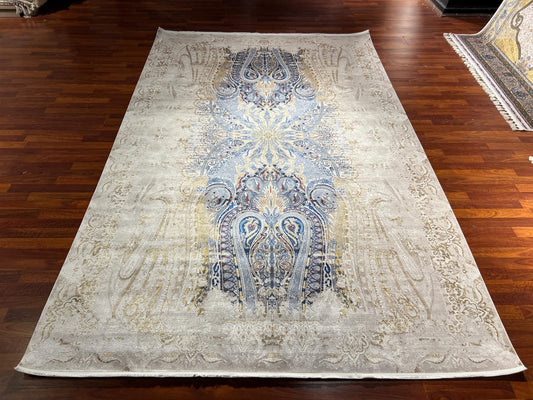 7x10 ft Gold Blue Silk Rug , Luxury Living Room Rug, Palace Style Rug, Turkish Silk Carpet, Large Rug