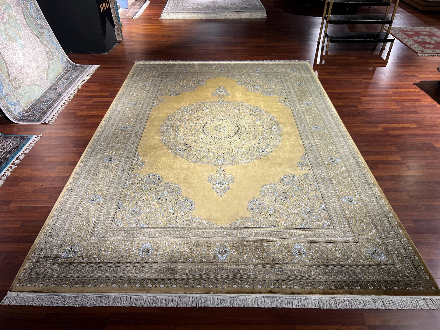 Gold Silk Rug 7x10, Luxury Living Room Rug, Oriental Silk Carpet, Turkish Silk Rug, Large Rug