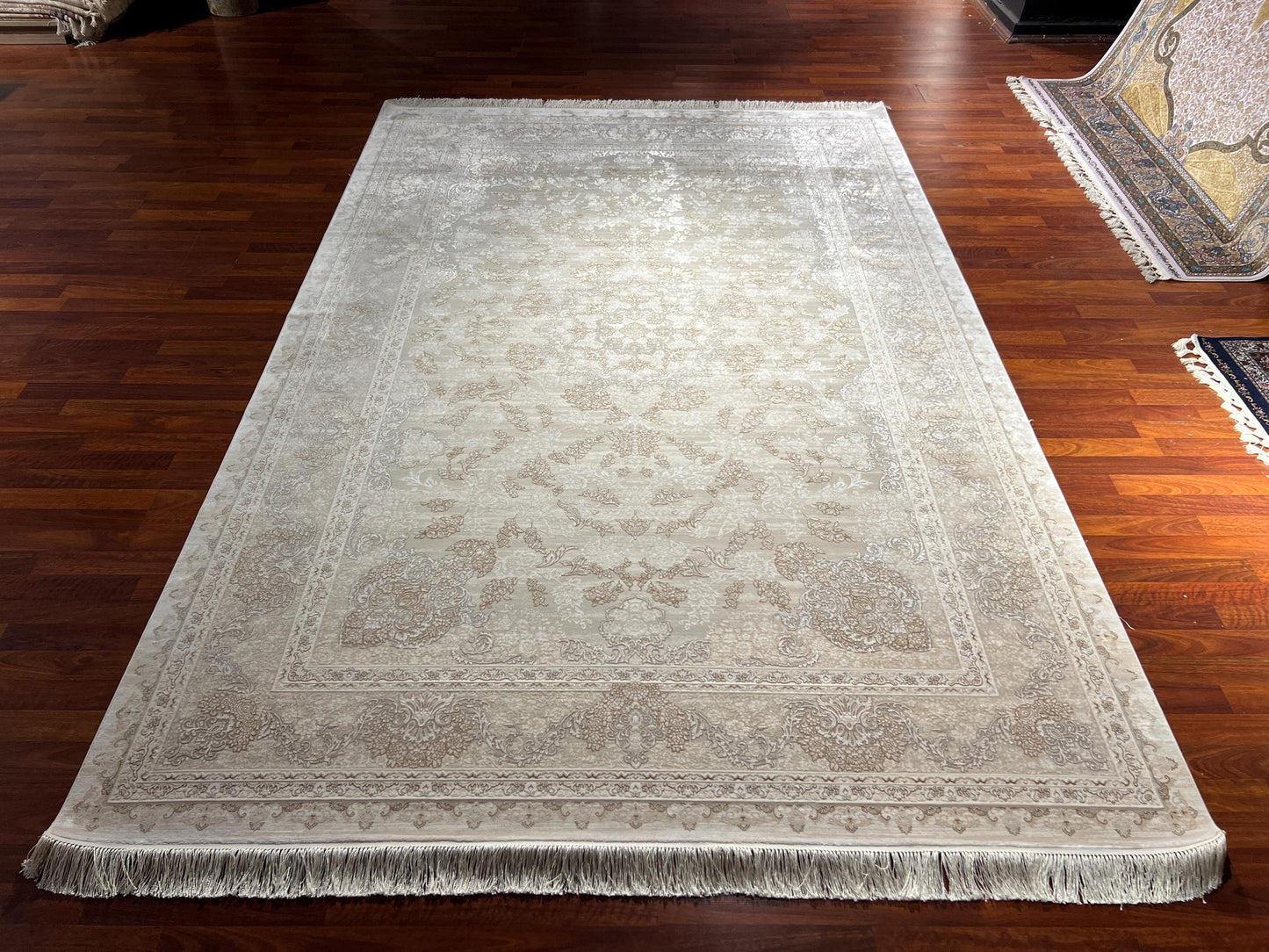 Cream Silk Rug 7x10, Beige Bamboo Silk Rug, Luxury Living Room Rug, Turkish Area Rug, Large Rug