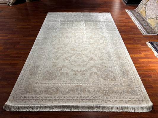 Cream Silk Rug 7x10, Beige Bamboo Silk Rug, Luxury Living Room Rug, Turkish Area Rug, Large Rug