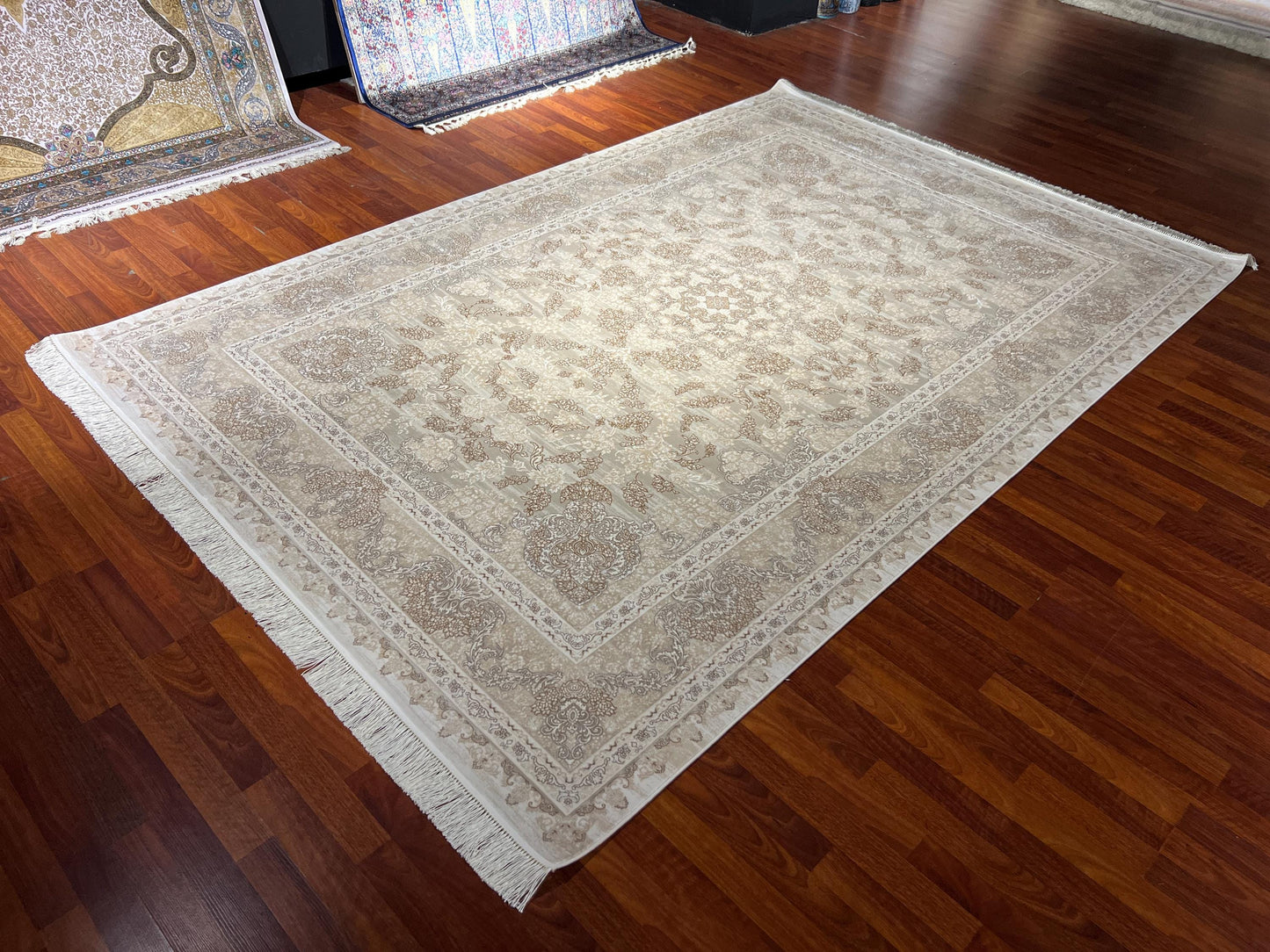 Cream Silk Rug 7x10, Beige Bamboo Silk Rug, Luxury Living Room Rug, Turkish Area Rug, Large Rug