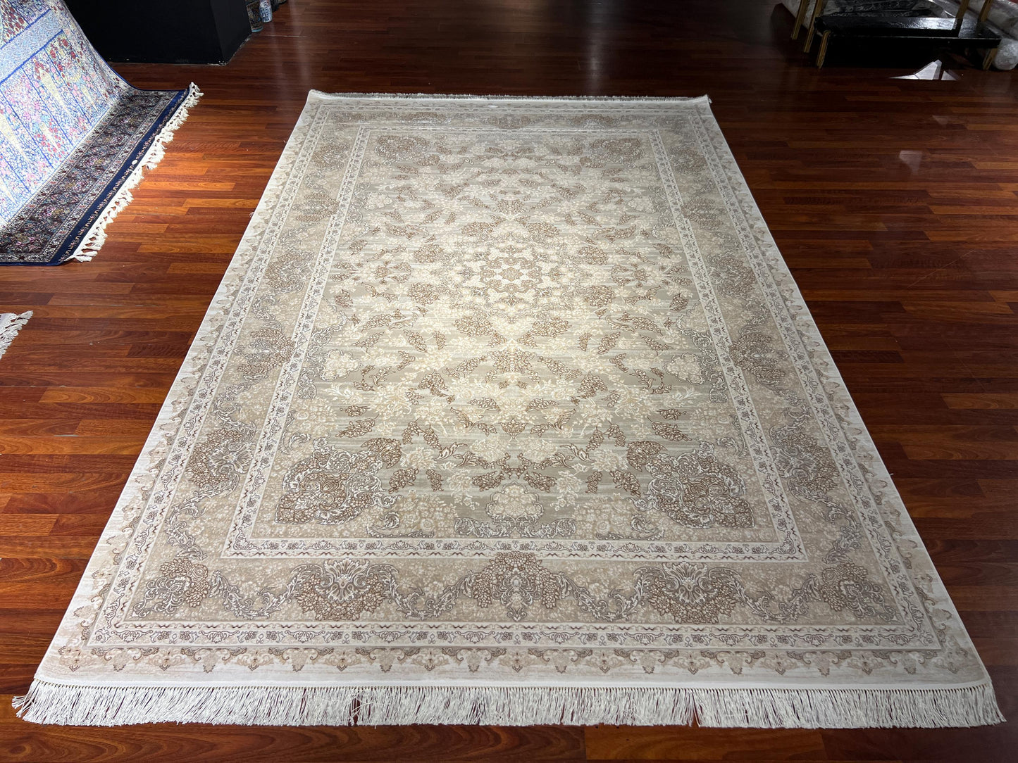 Cream Silk Rug 7x10, Beige Bamboo Silk Rug, Luxury Living Room Rug, Turkish Area Rug, Large Rug
