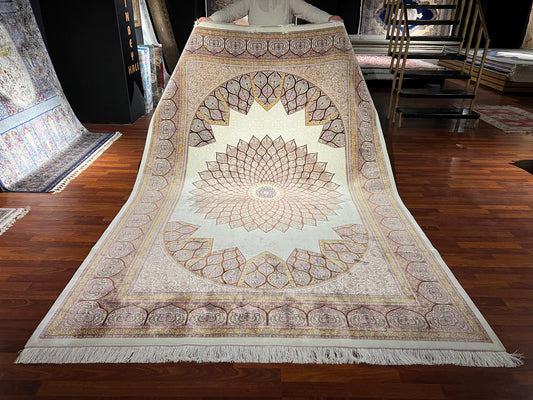 7x10 Silk Rug, Beige Silk Rug, Turkish Silk Carpet, Luxury Living Room Rug, Oriental Silk Rug