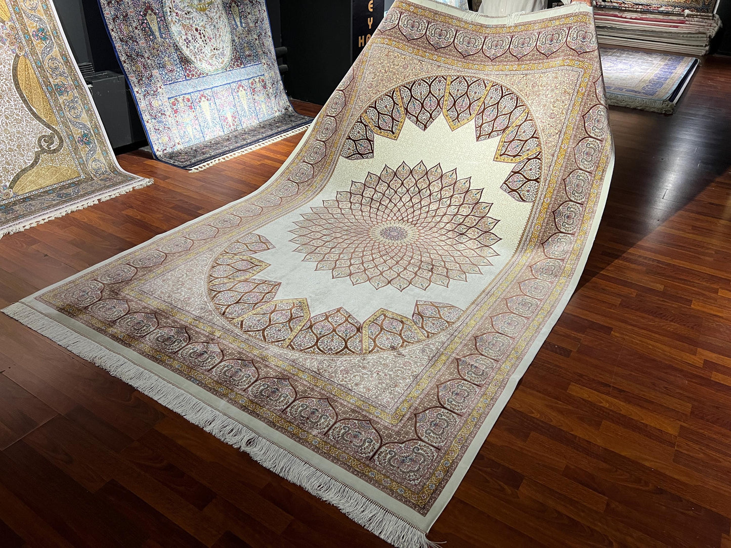7x10 Silk Rug, Beige Silk Rug, Turkish Silk Carpet, Luxury Living Room Rug, Oriental Silk Rug