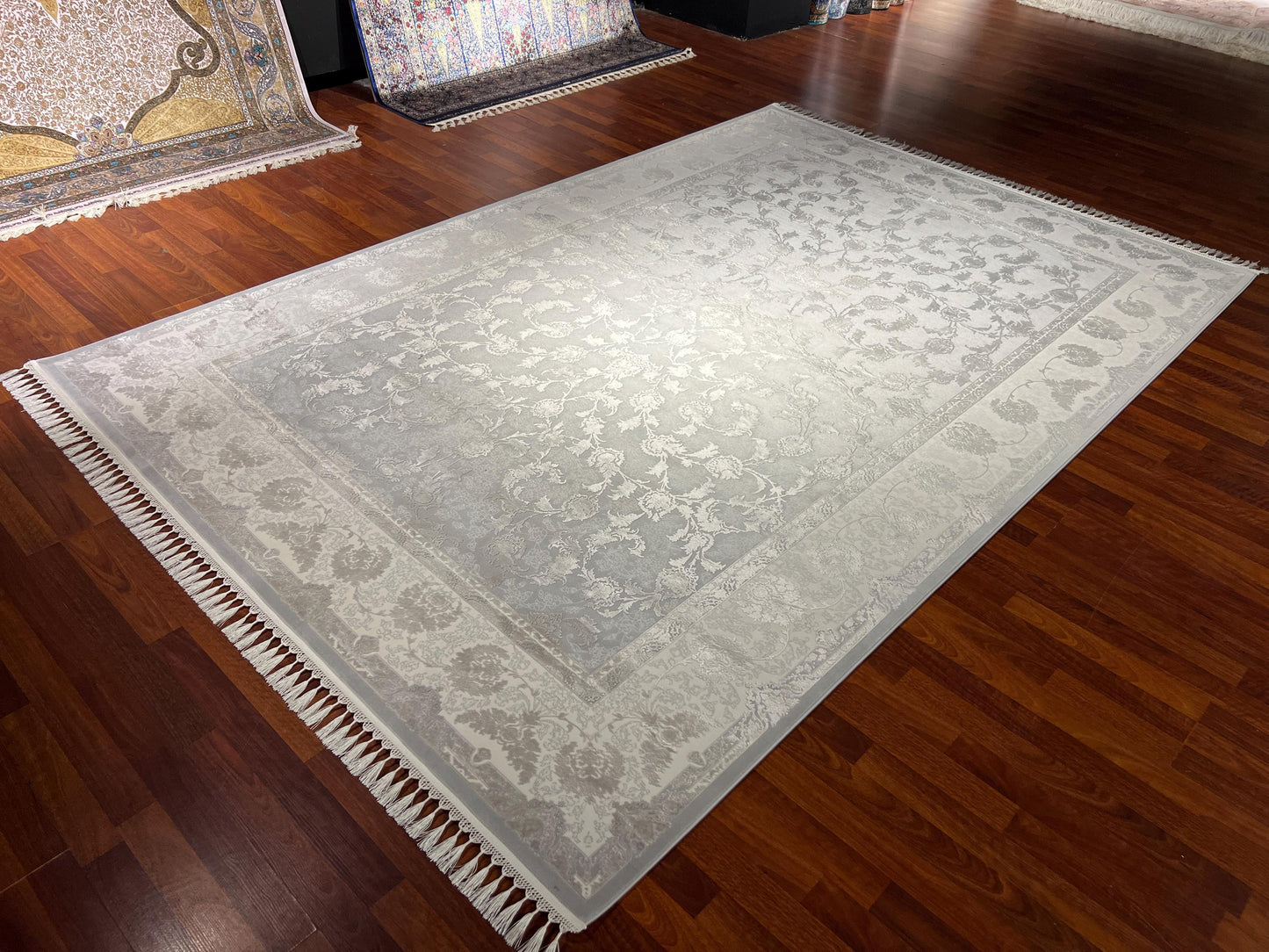 7x10 Bamboo Rug, Gray Beige Rug, Turkish Area Rug, Luxury Living Room Rug, Large Rug