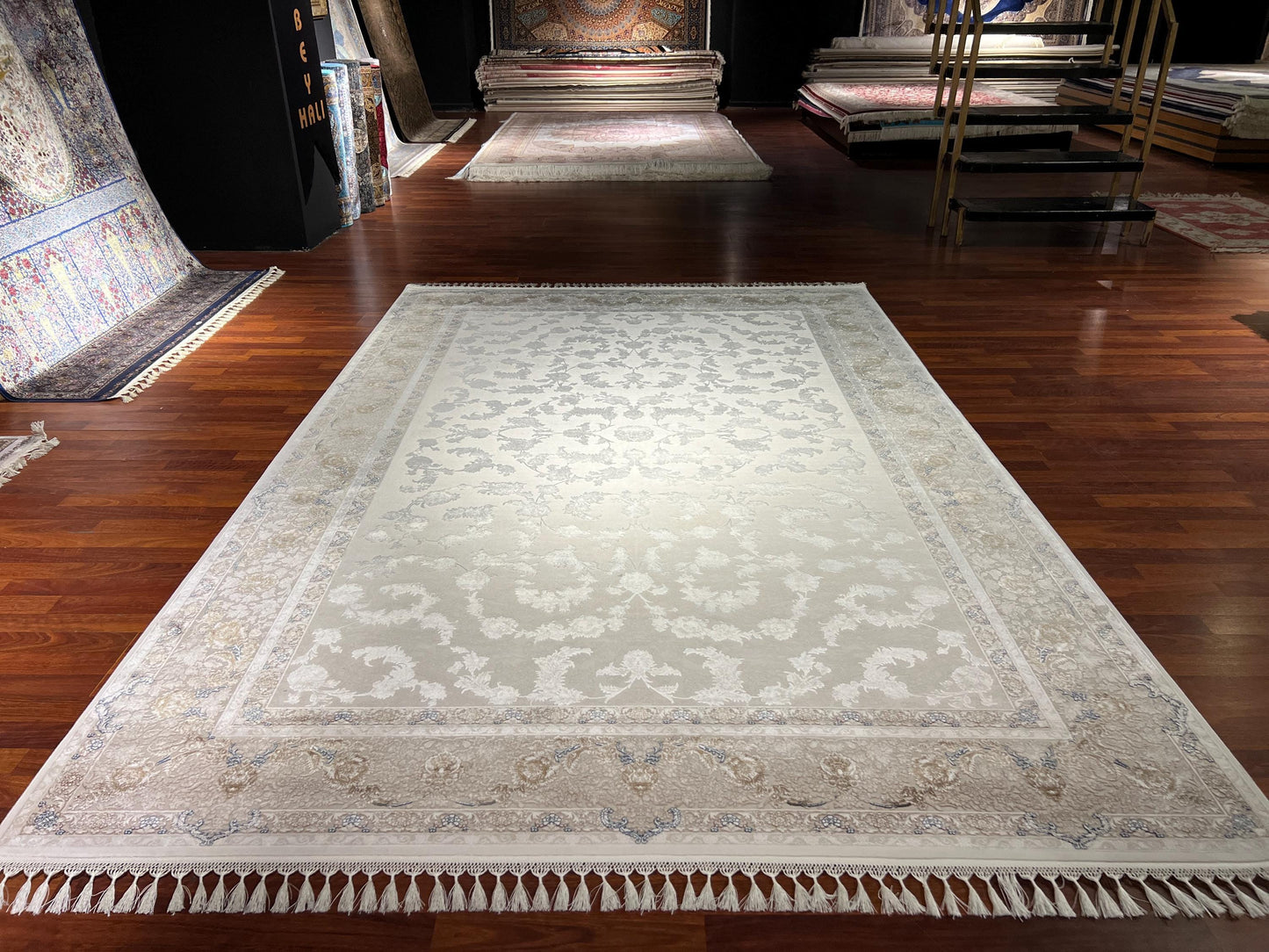 7x10 Beige Floral Rug, Bamboo Silk Rug, Turkish Area Rug, Luxury Living Room Rug, Large Rug