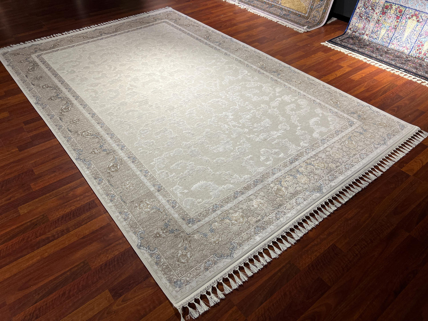 7x10 Beige Floral Rug, Bamboo Silk Rug, Turkish Area Rug, Luxury Living Room Rug, Large Rug