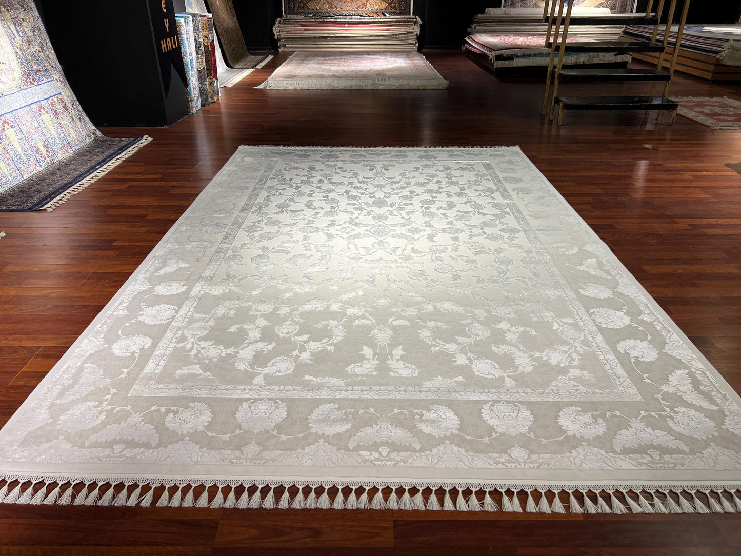 7x10 Ivory Beige Rug, Bamboo Silk Rug, Turkish Area Rug, Luxury Living Room Rug, Large Rug