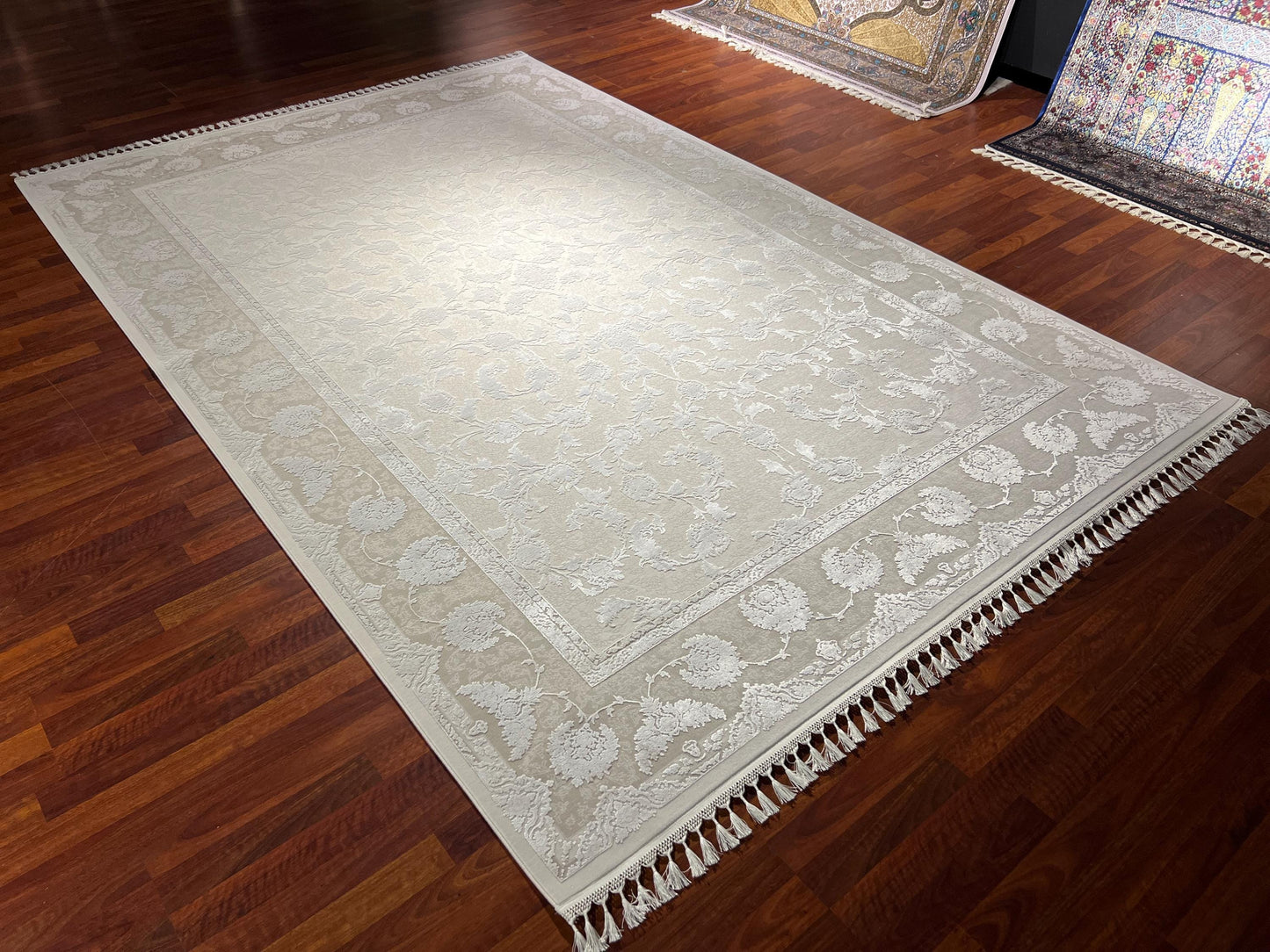 7x10 Ivory Beige Rug, Bamboo Silk Rug, Turkish Area Rug, Luxury Living Room Rug, Large Rug