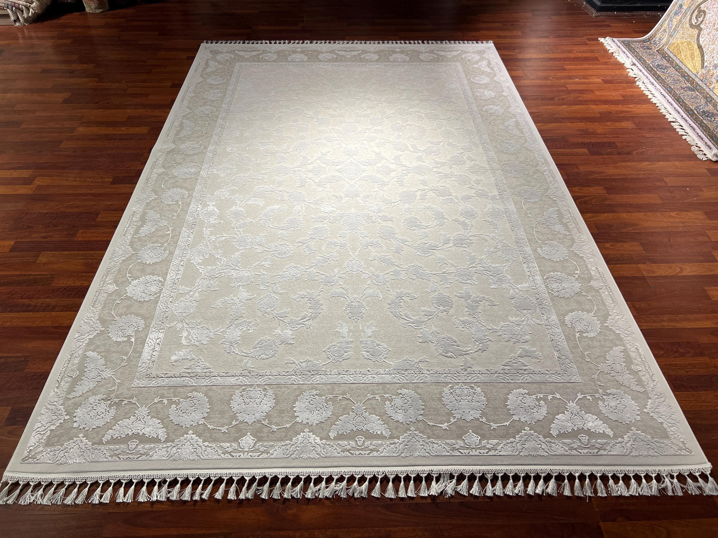 7x10 Ivory Beige Rug, Bamboo Silk Rug, Turkish Area Rug, Luxury Living Room Rug, Large Rug