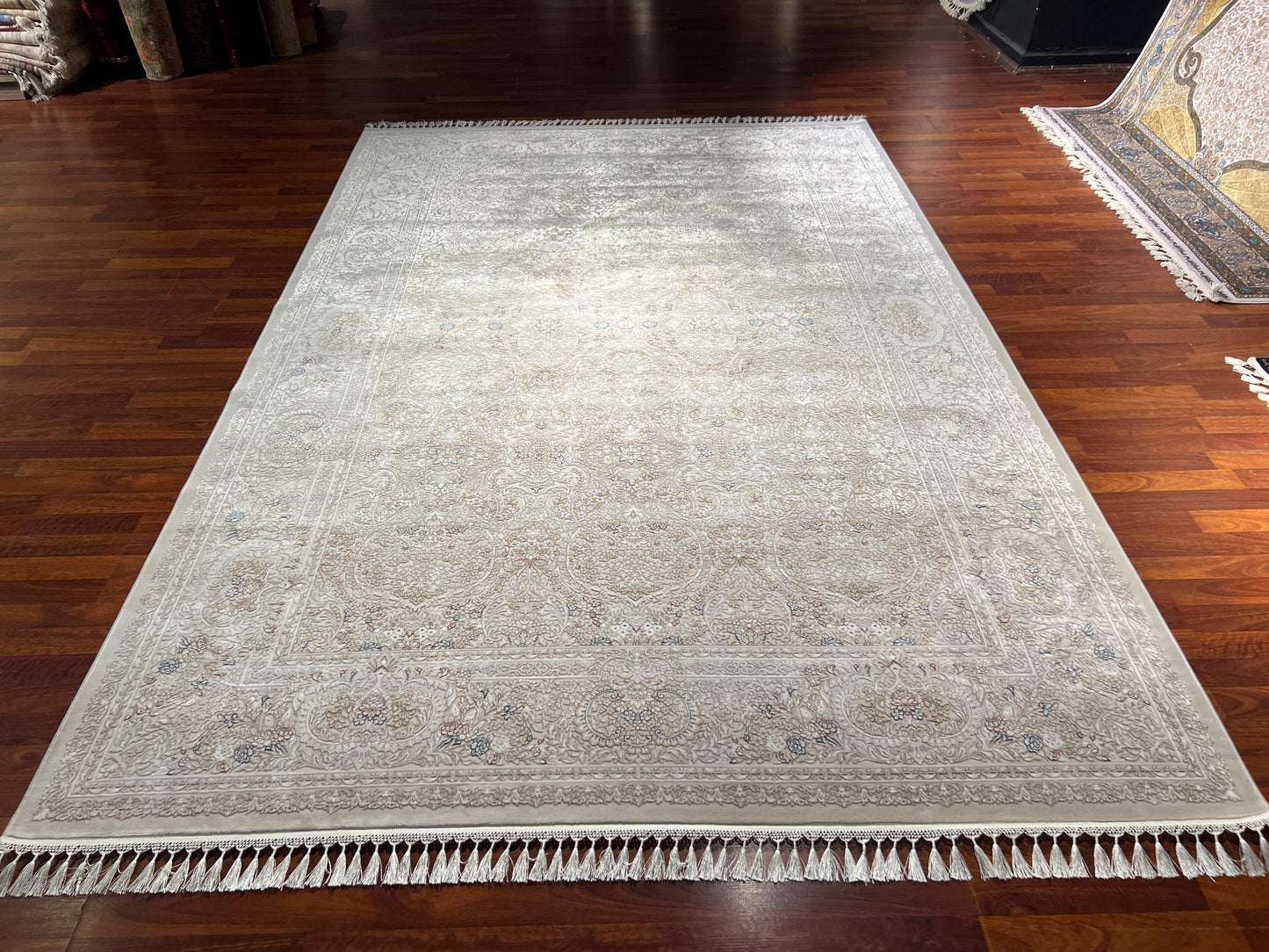 7x10 Cream Blue Rug, Bamboo Silk Rug, Turkish Area Rug, Luxury Living Room Rug, Large Rug