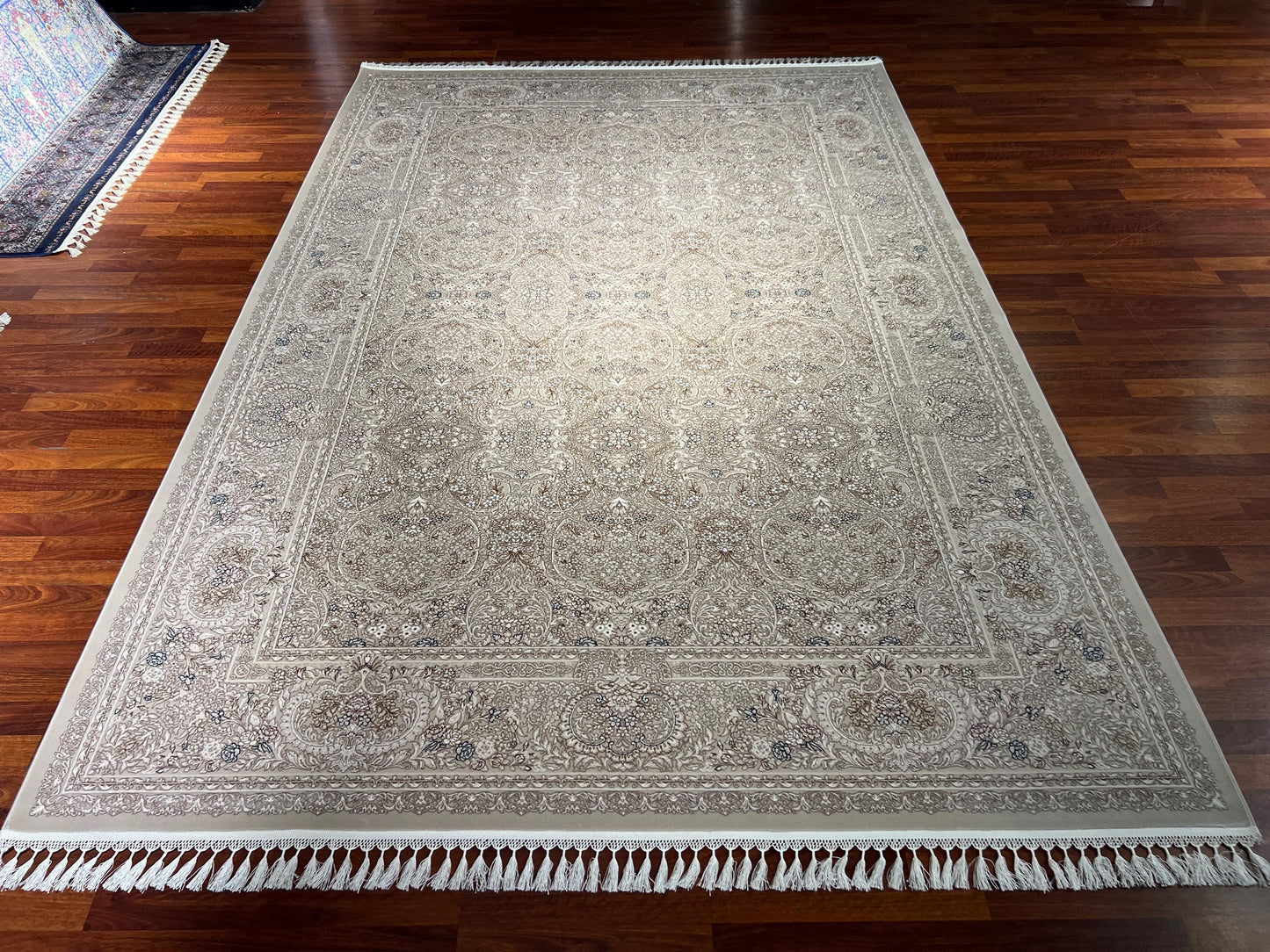 7x10 Cream Blue Rug, Bamboo Silk Rug, Turkish Area Rug, Luxury Living Room Rug, Large Rug