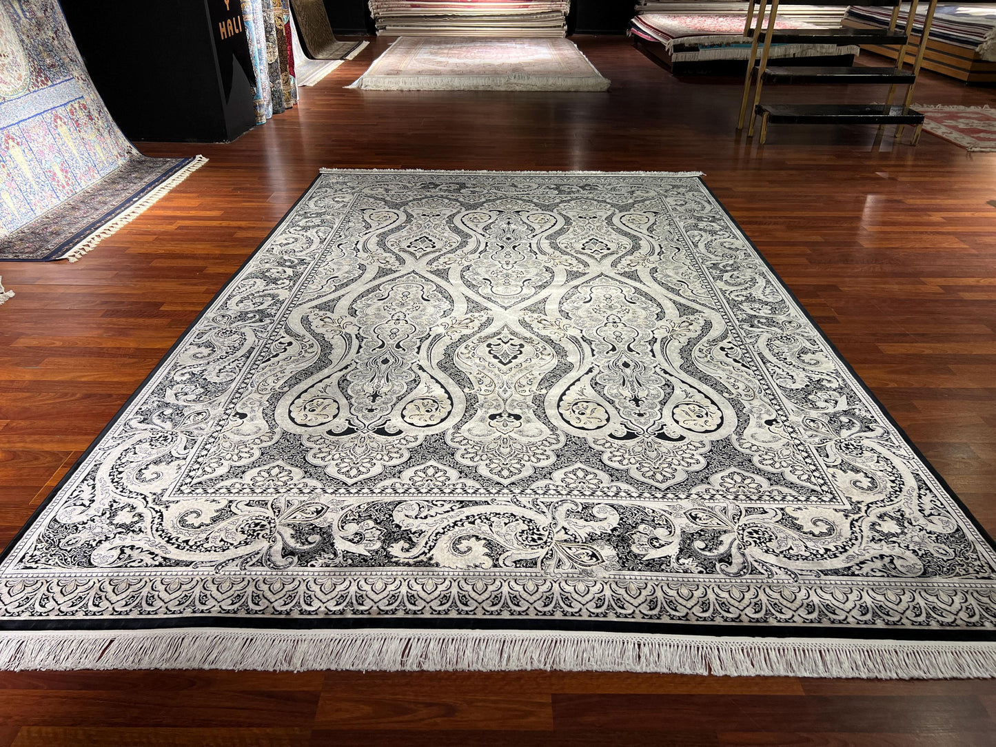 7x10 Gray Silk Rug, Bamboo Silk Rug, Turkish Area Rug, Luxury Living Room Rug, Large Rug